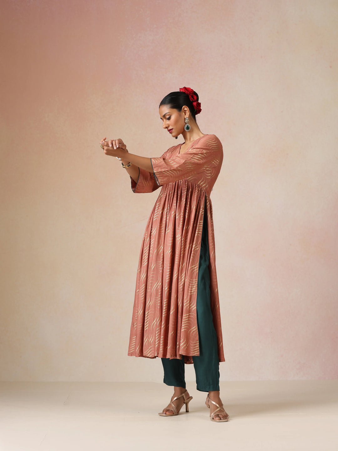 Peach Gold Foil Print Muslin Silk Anarkali High-Slit Kurta Set | SHOBITAM