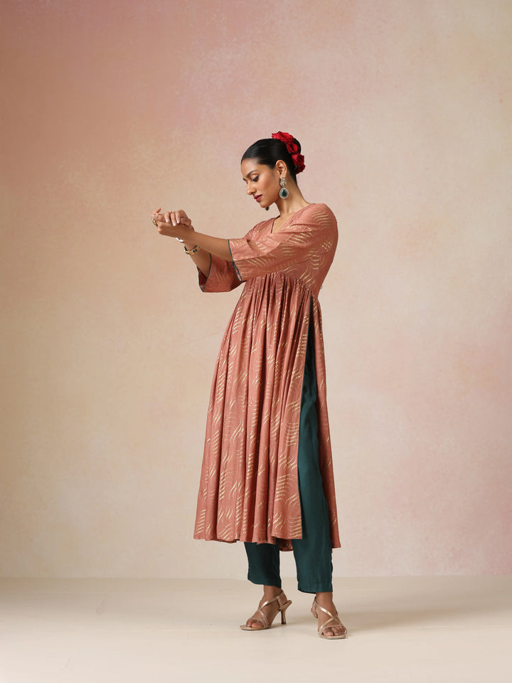 Peach Gold Foil Print Muslin Silk Anarkali High-Slit Kurta Set | SHOBITAM