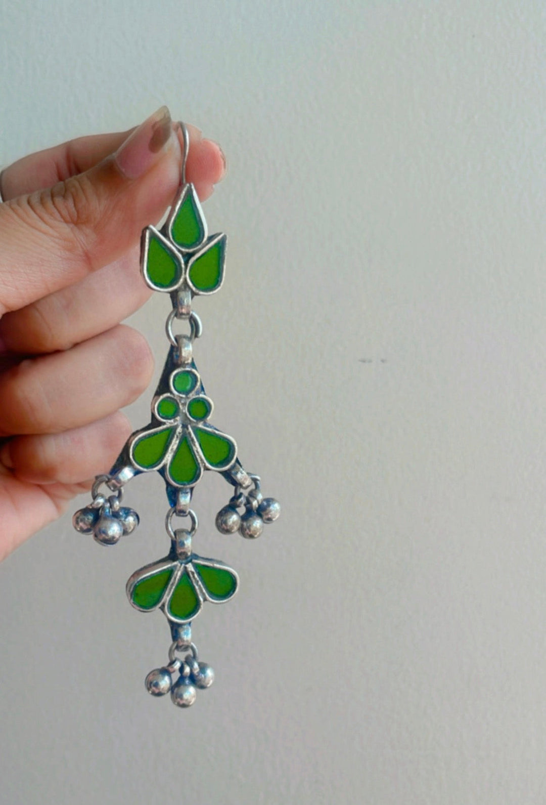 Shivangi Glass Jhumka Earrings in Brass with Antique Silver Finish | SHOBITAM
