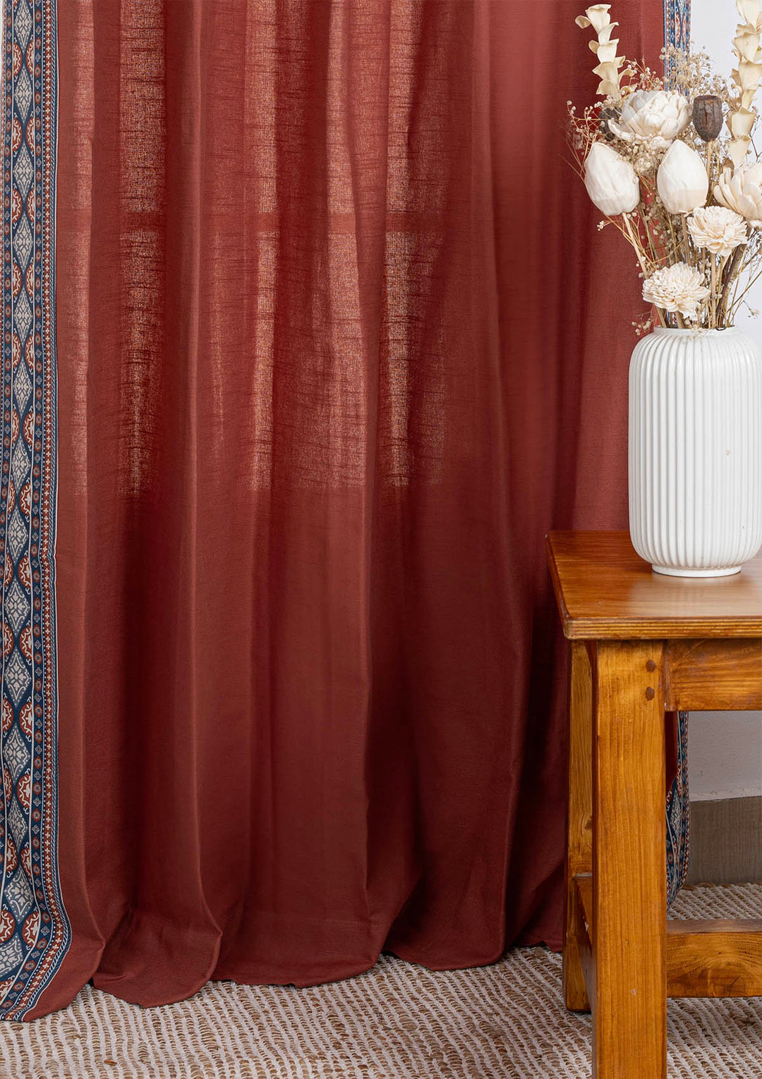 Tara Brick Red 100% Cotton Curtain with Trim for living room & bedroom - Room Darkening - Brick Red - Single Piece | SHOBITAM
