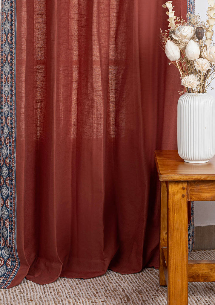 Tara Brick Red 100% Cotton Curtain with Trim for living room & bedroom - Room Darkening - Brick Red - Single Piece | SHOBITAM