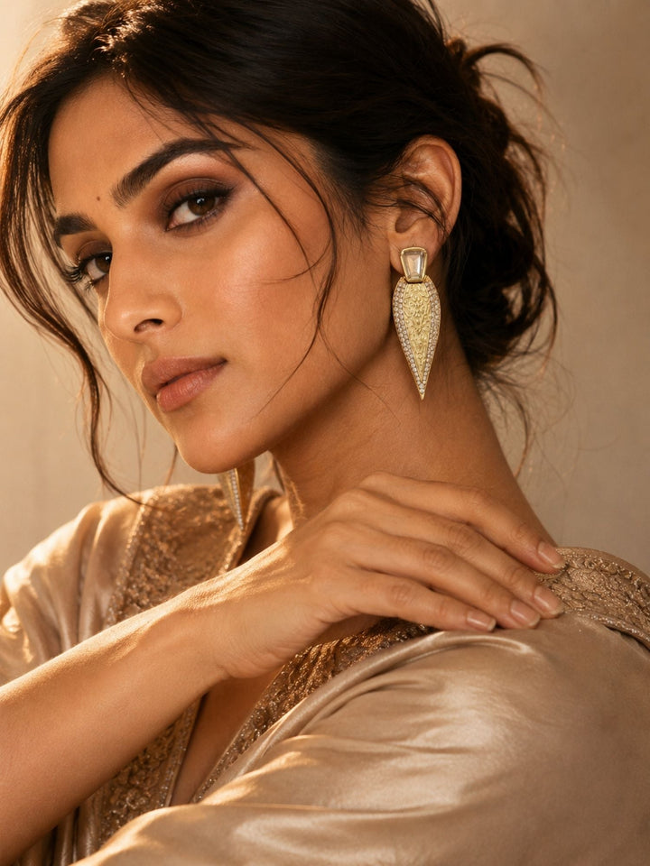 Geometric Gold Drop Earrings in CZ Finish – Party Wear | SHOBITAM