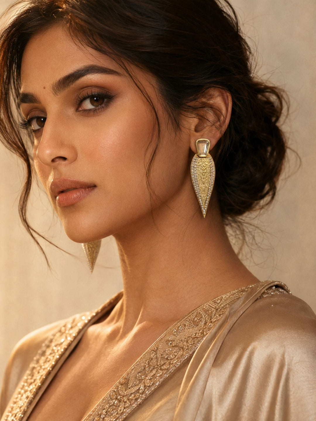 Geometric Gold Drop Earrings in CZ Finish – Party Wear | SHOBITAM