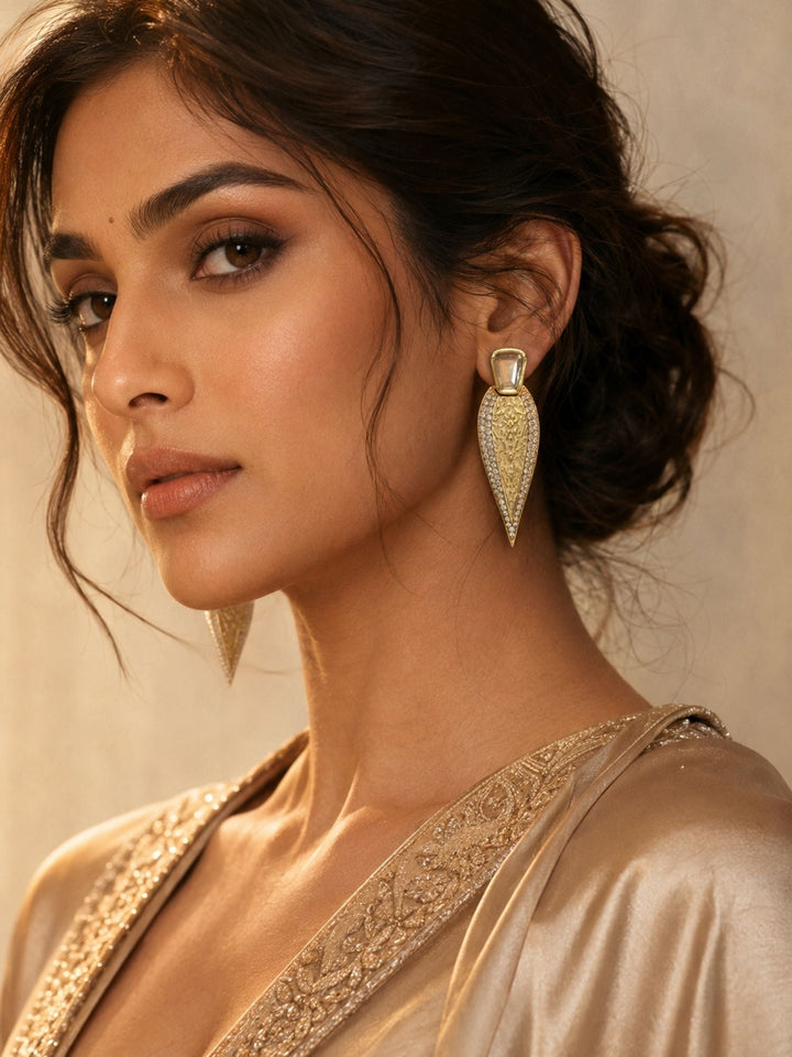 Geometric Gold Drop Earrings in CZ Finish – Party Wear | SHOBITAM