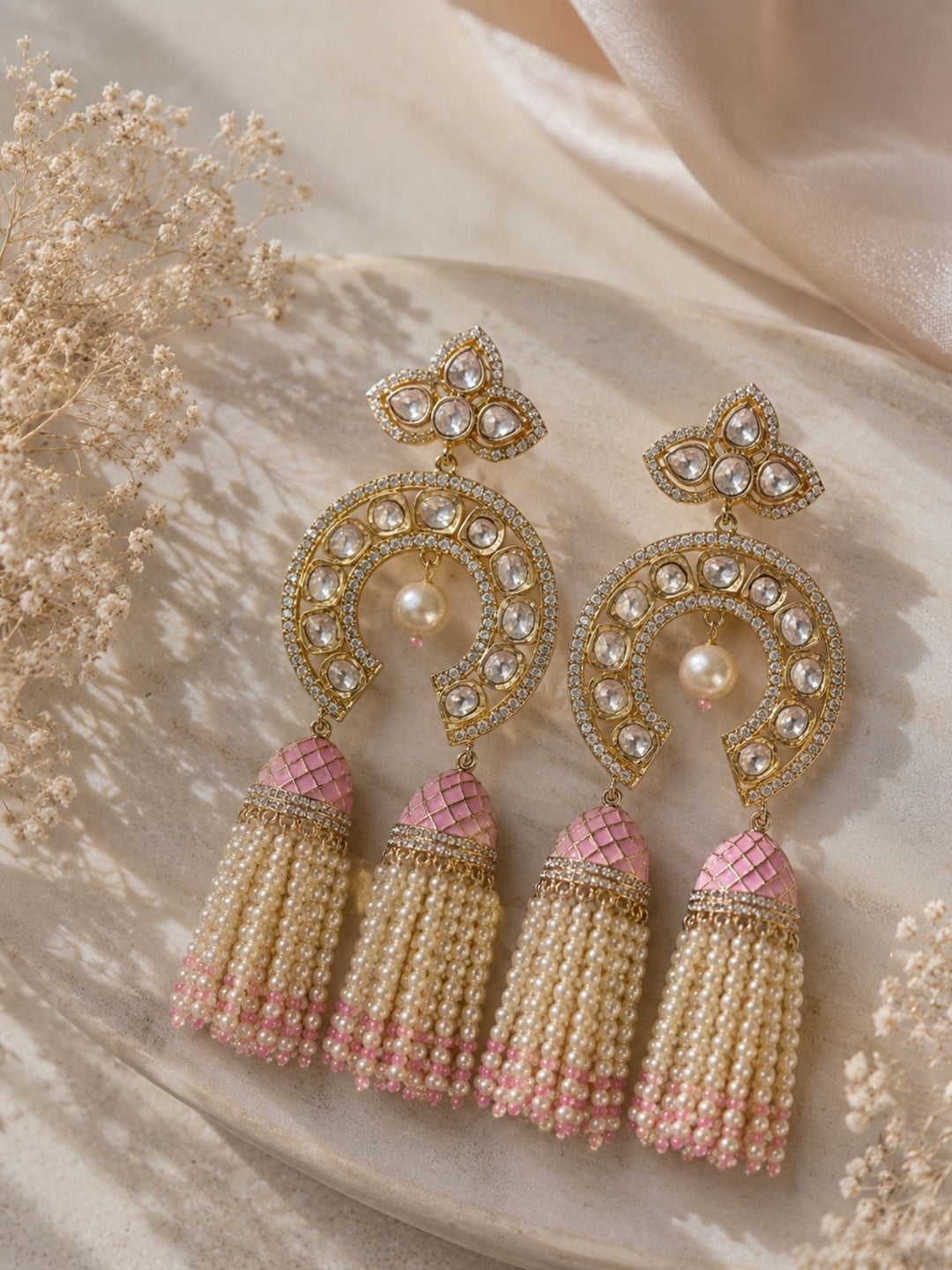 Mint Green Kundan Triple Jhumka Earrings | SHOBITAM