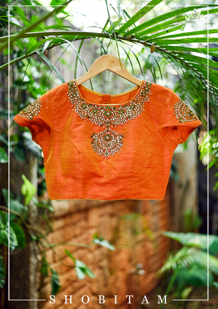 Made to Measure:  Necklace Design Jadau Ornamental  Blouse in Orange Mustard Dual Tone Pure Raw Silk | SHOBITAM