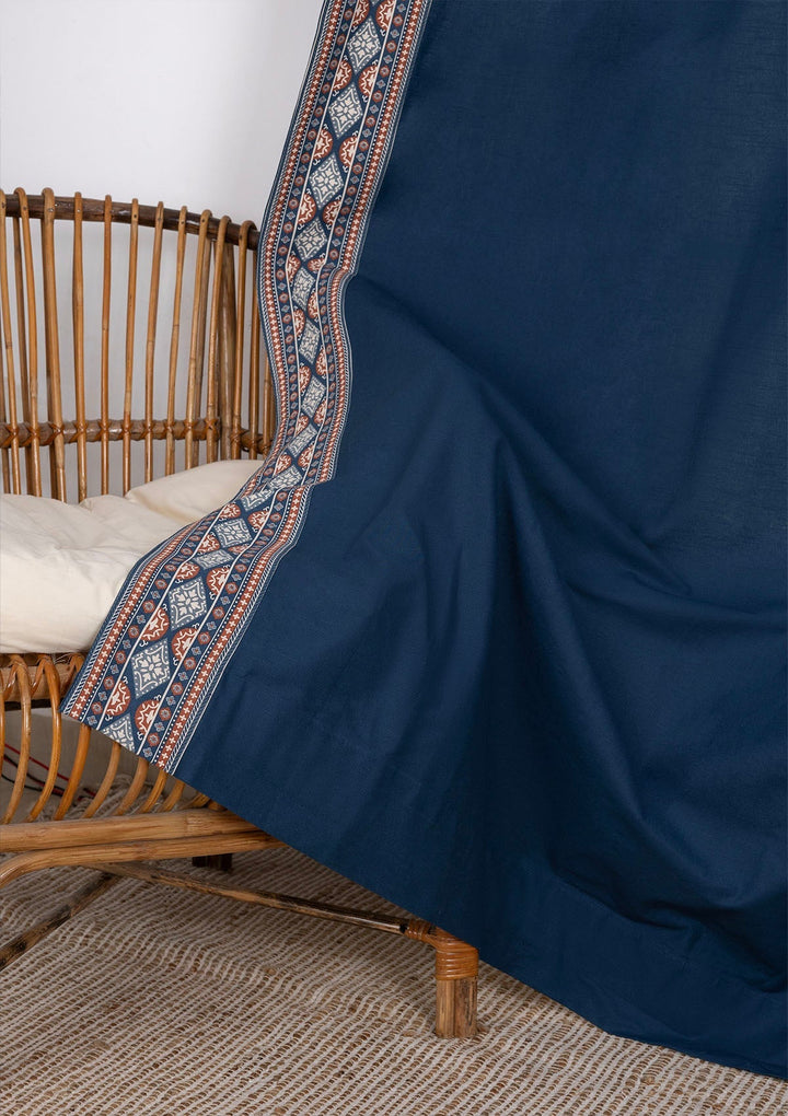 Tara Indigo 100% Cotton Curtain with Trim for living room & bedroom - Room Darkening - Indigo - Single Piece | SHOBITAM