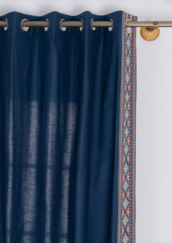 Tara Indigo 100% Cotton Curtain with Trim for living room & bedroom - Room Darkening - Indigo - Single Piece | SHOBITAM