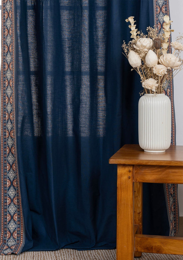 Tara Indigo 100% Cotton Curtain with Trim for living room & bedroom - Room Darkening - Indigo - Single Piece | SHOBITAM