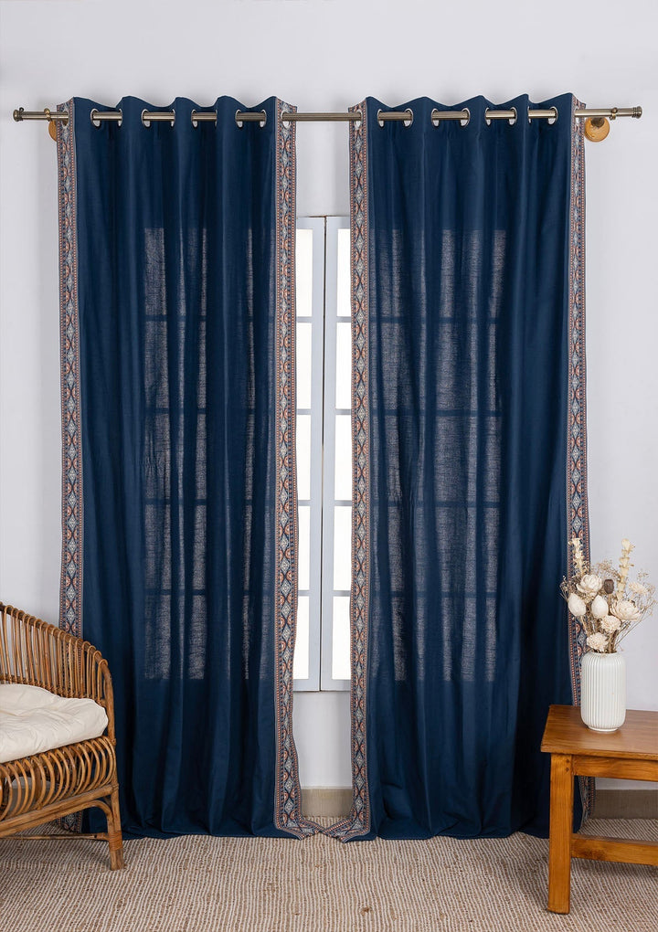 Tara Indigo 100% Cotton Curtain with Trim for living room & bedroom - Room Darkening - Indigo - Single Piece | SHOBITAM