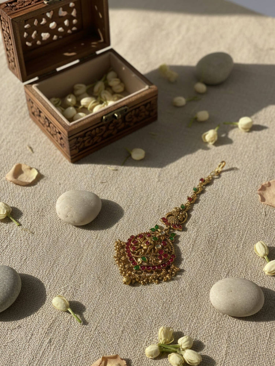 South Indian Antique Gold Plated Maangtikka Pearl Drops | SHOBITAM