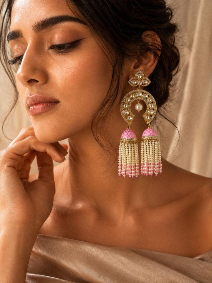 Mint Green Kundan Triple Jhumka Earrings | SHOBITAM