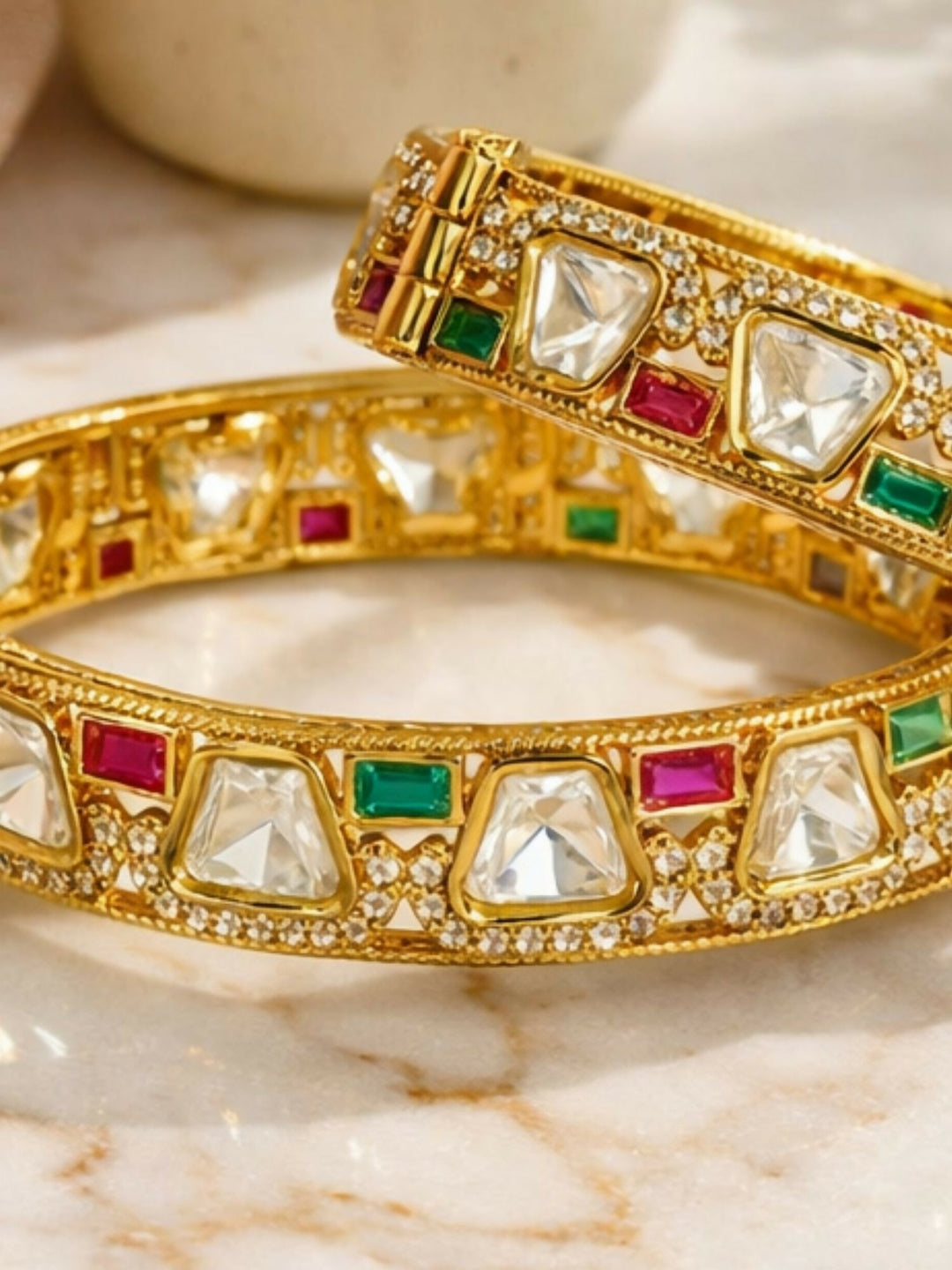 2.4 Gold Plated Multicolour Polki Moissanite Bangles | SHOBITAM