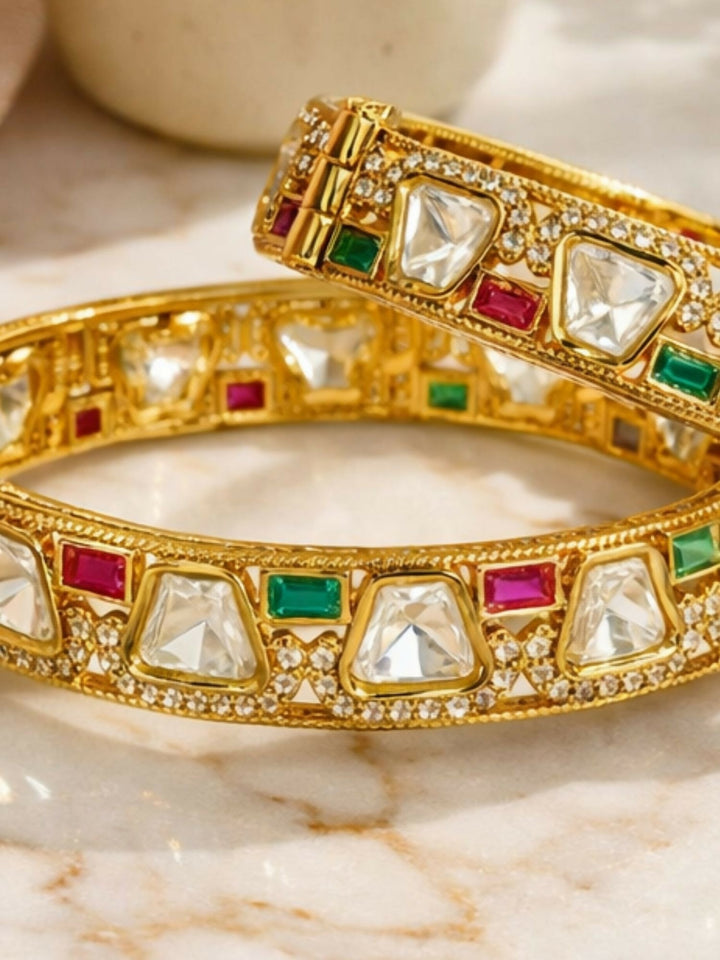 2.4 Gold Plated Multicolour Polki Moissanite Bangles | SHOBITAM