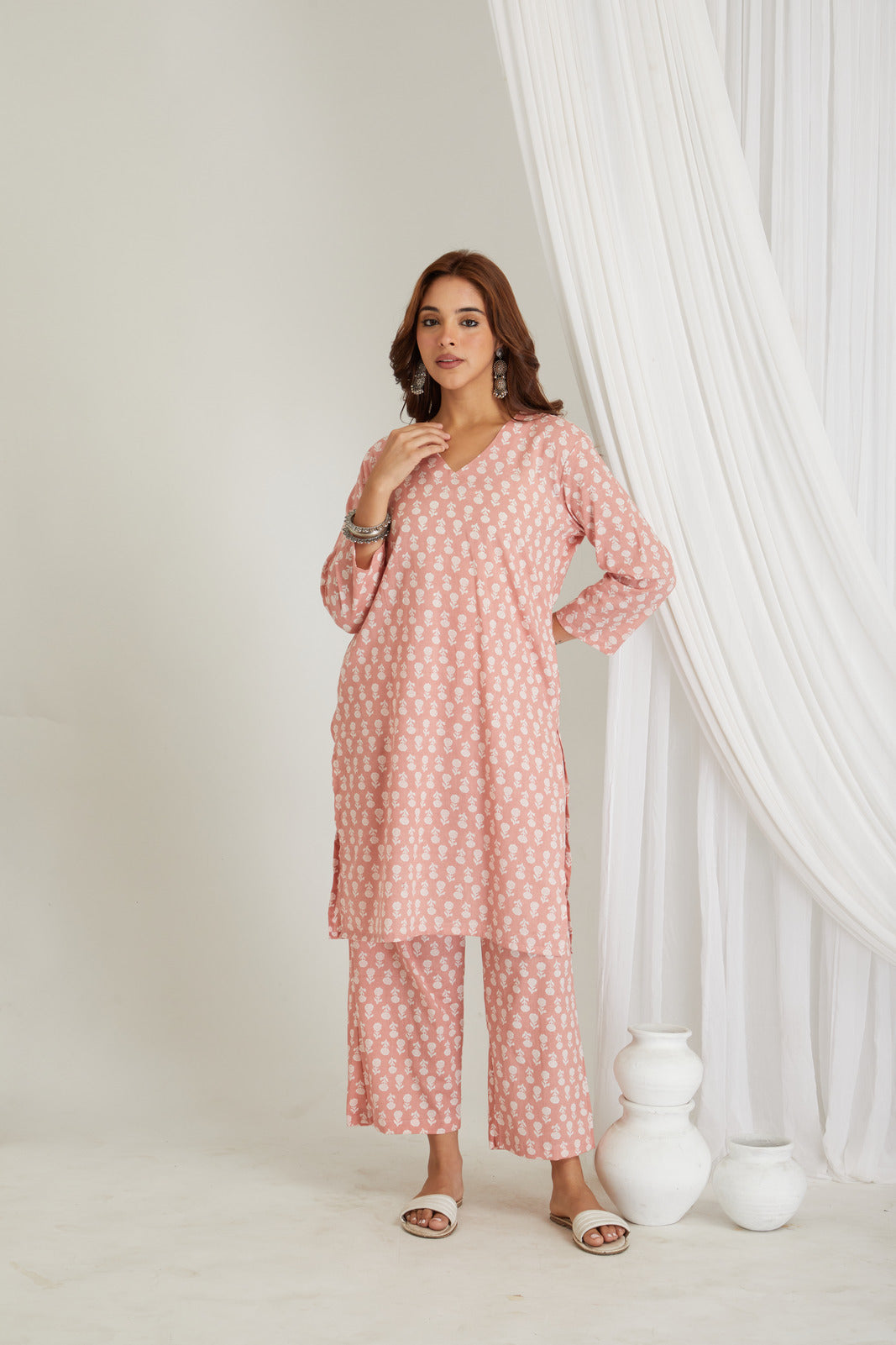 Splash of Peach Cotton Printed Loungewear Co-ord Set