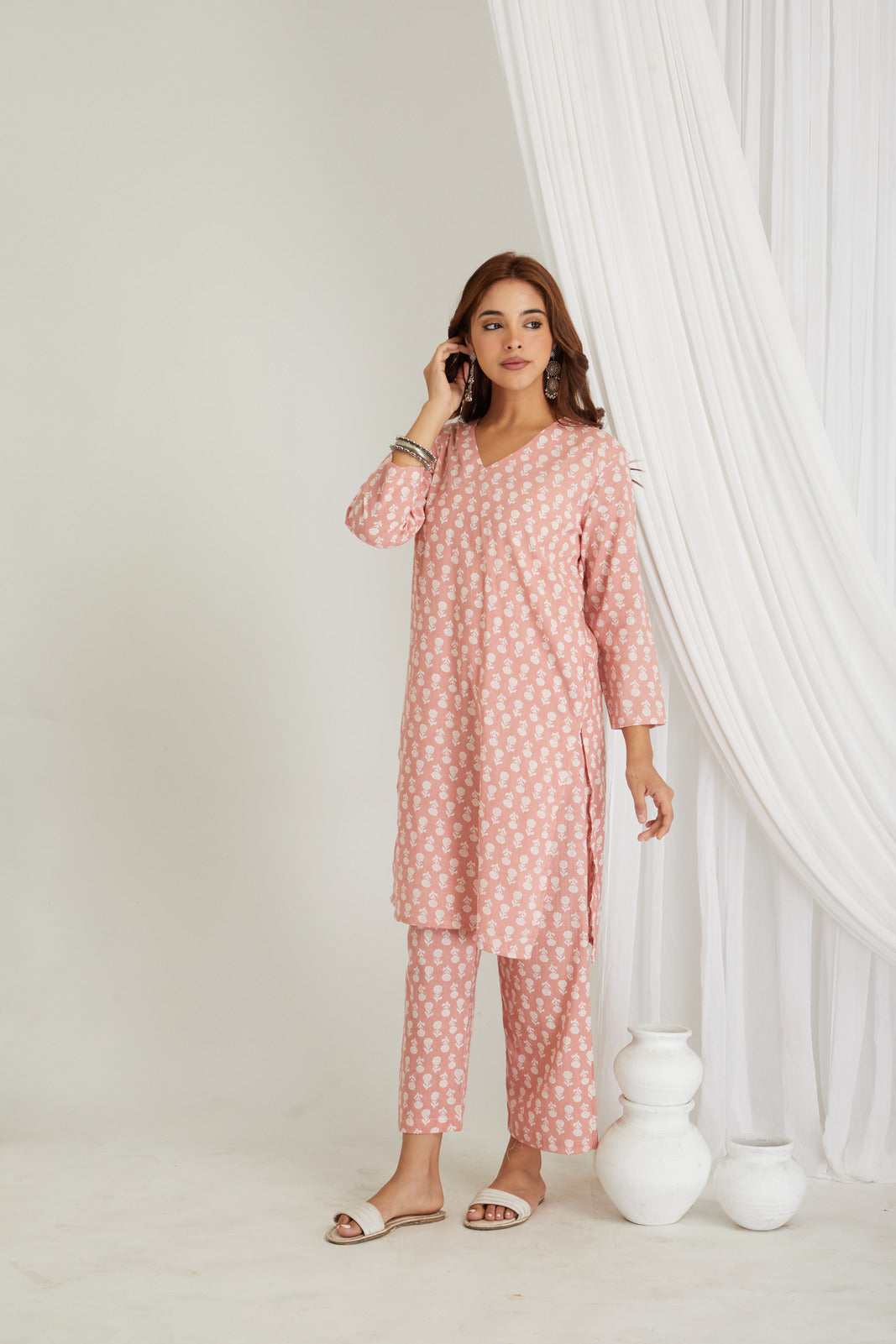 Splash of Peach Cotton Printed Loungewear Co-ord Set