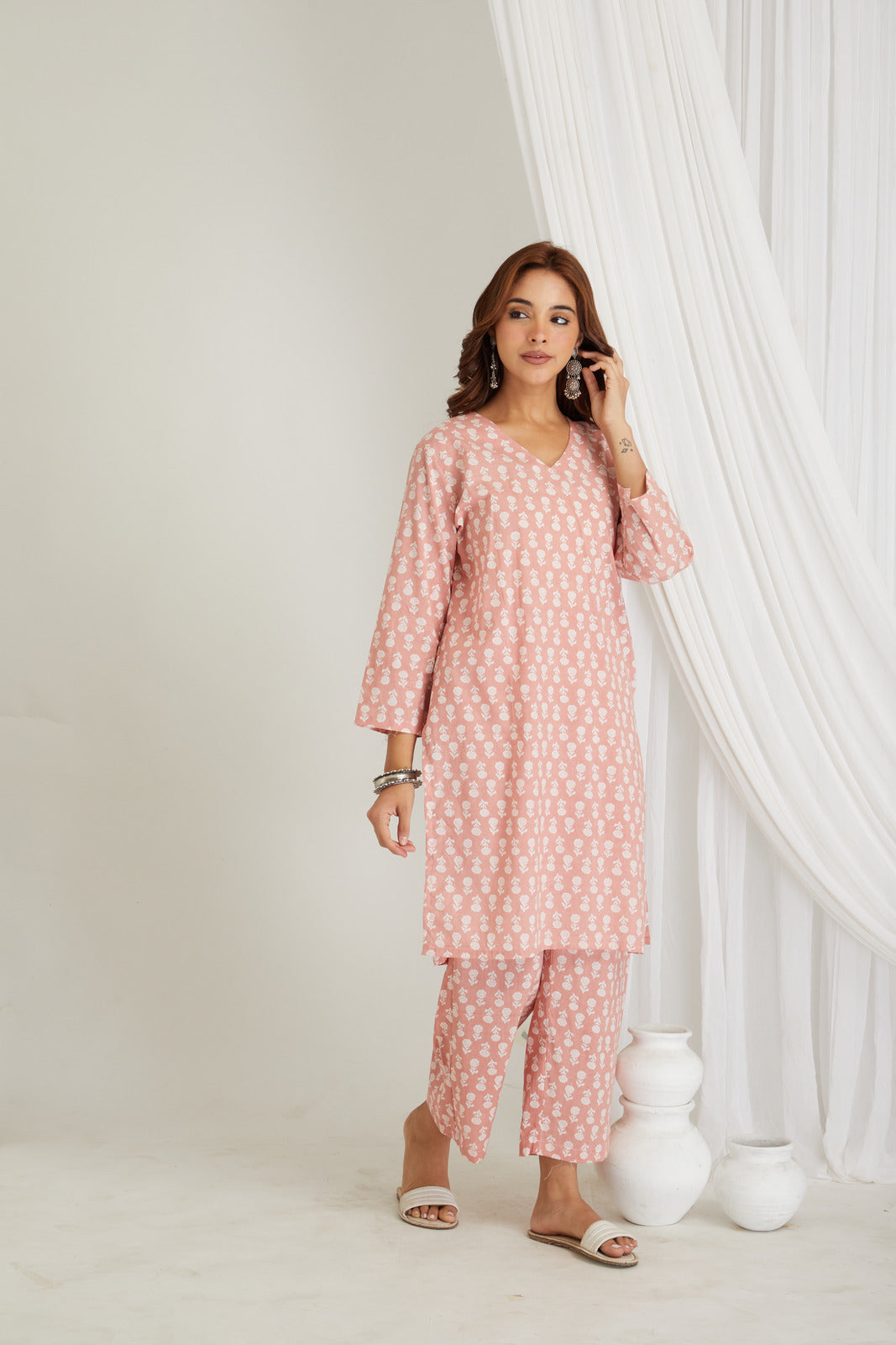 Splash of Peach Cotton Printed Loungewear Co-ord Set