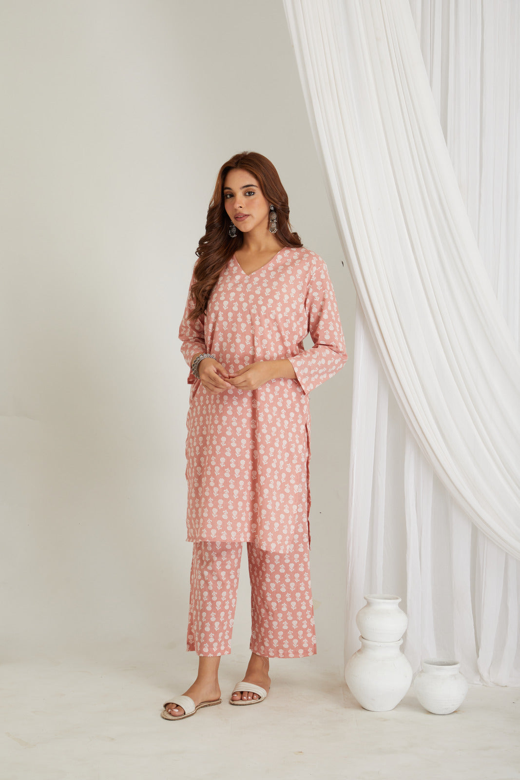 Splash of Peach Cotton Printed Loungewear Co-ord Set