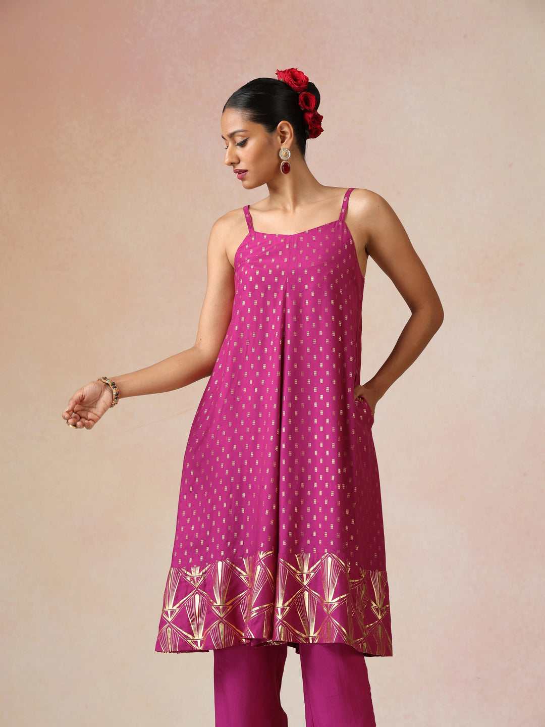 Pink Gold Foil Print Muslin Silk Flared Kurta Set| SHOBITAM