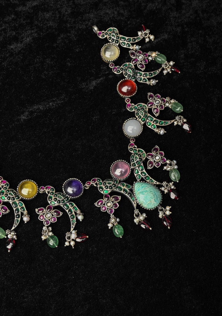 92.5 Pure Silver, Oxidized Silver Finish  Multi-Gemstone Peacock Design Necklace