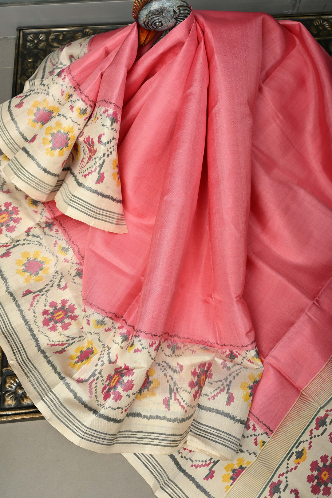 Peach Authentic Patan Patola Single Ikkat Pure Silk Saree with Floral Design on Contrast Off White Minimal Zari Border Pallu | SILK MARK CERTIFIED | SHOBITAM