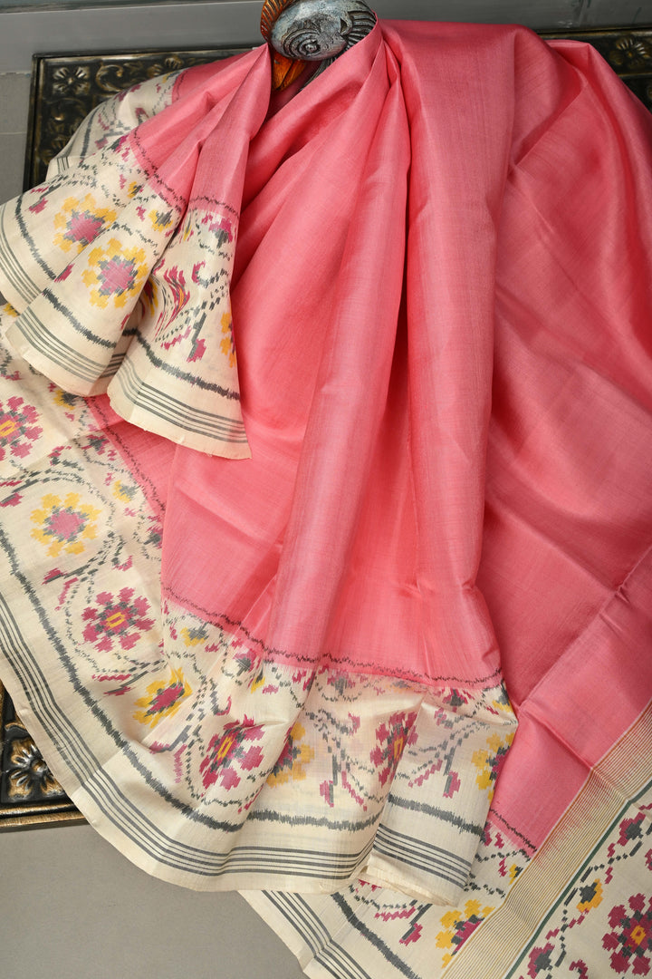 Peach Authentic Patan Patola Single Ikkat Pure Silk Saree with Floral Design on Contrast Off White Minimal Zari Border Pallu | SILK MARK CERTIFIED | SHOBITAM