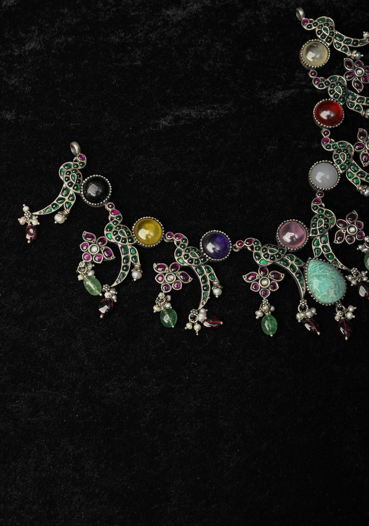 92.5 Pure Silver, Oxidized Silver Finish  Multi-Gemstone Peacock Design Necklace