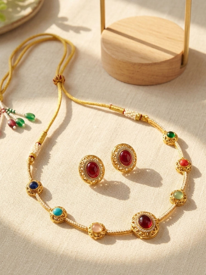 Navratna Stone Necklace Set with Earrings | SHOBITAM