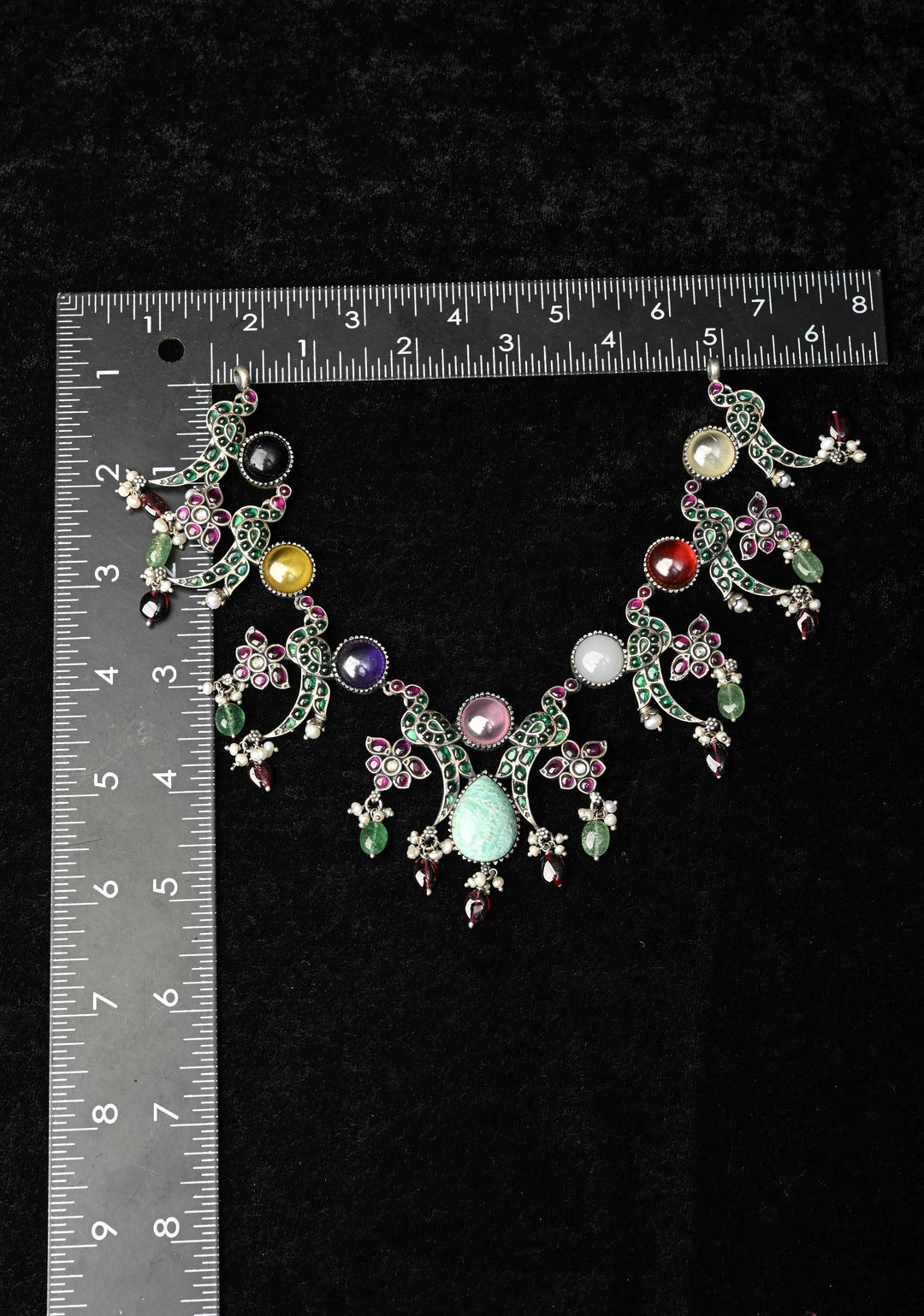 92.5 Pure Silver, Oxidized Silver Finish  Multi-Gemstone Peacock Design Necklace