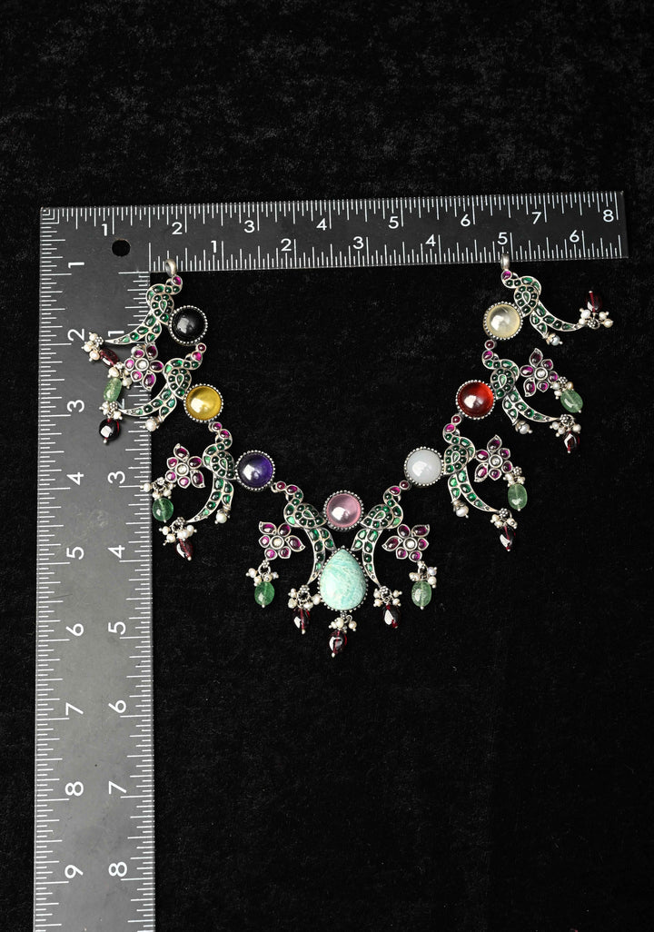 92.5 Pure Silver, Oxidized Silver Finish  Multi-Gemstone Peacock Design Necklace