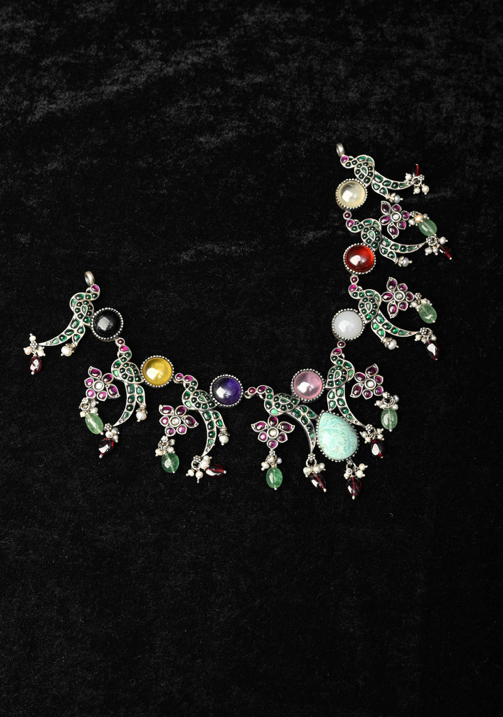 92.5 Pure Silver, Oxidized Silver Finish  Multi-Gemstone Peacock Design Necklace