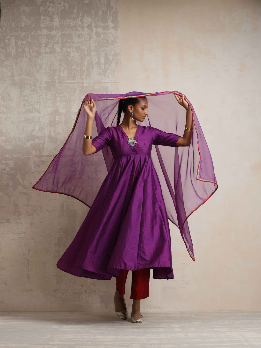 Purple Silk Anarkali Kurta Pant Dupatta Set | SHOBITAM