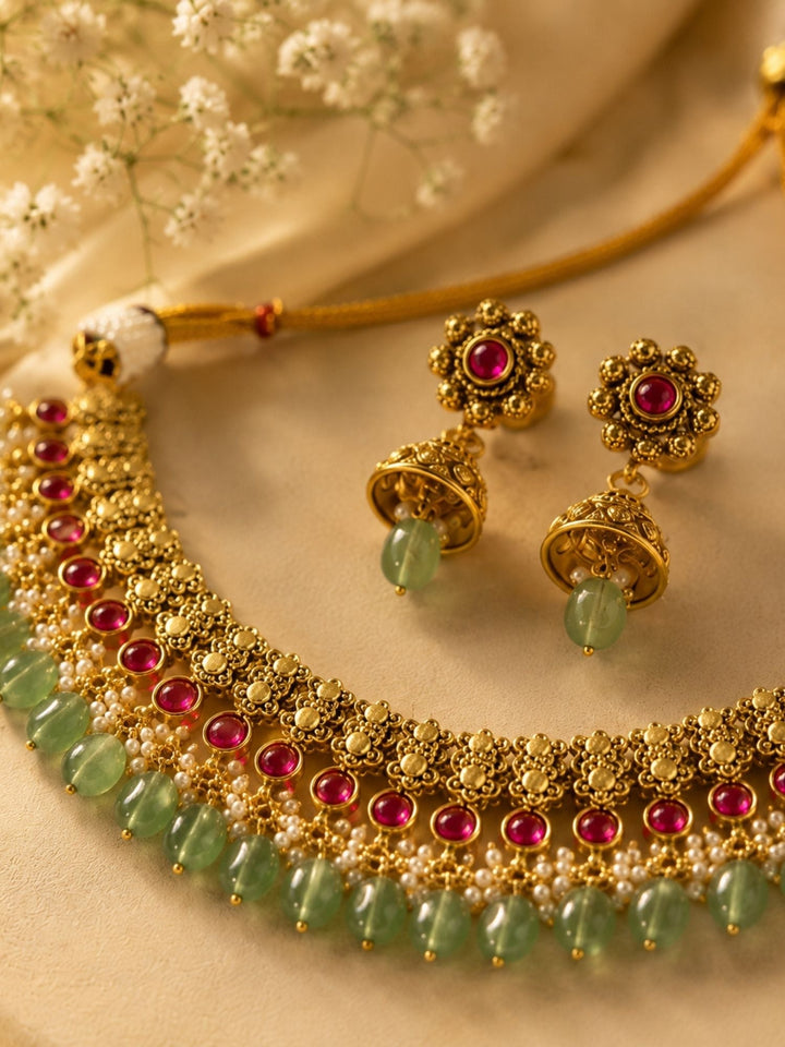 Temple Choker Necklace Set in Gold Plating – Bridal | SHOBITAM