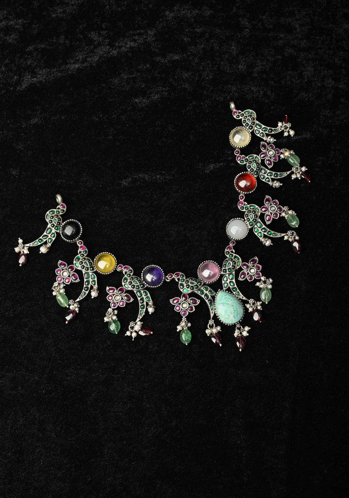 92.5 Pure Silver, Oxidized Silver Finish  Multi-Gemstone Peacock Design Necklace