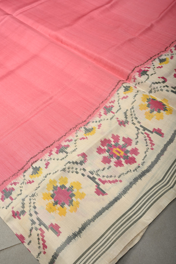 Peach Authentic Patan Patola Single Ikkat Pure Silk Saree with Floral Design on Contrast Off White Minimal Zari Border Pallu | SILK MARK CERTIFIED | SHOBITAM