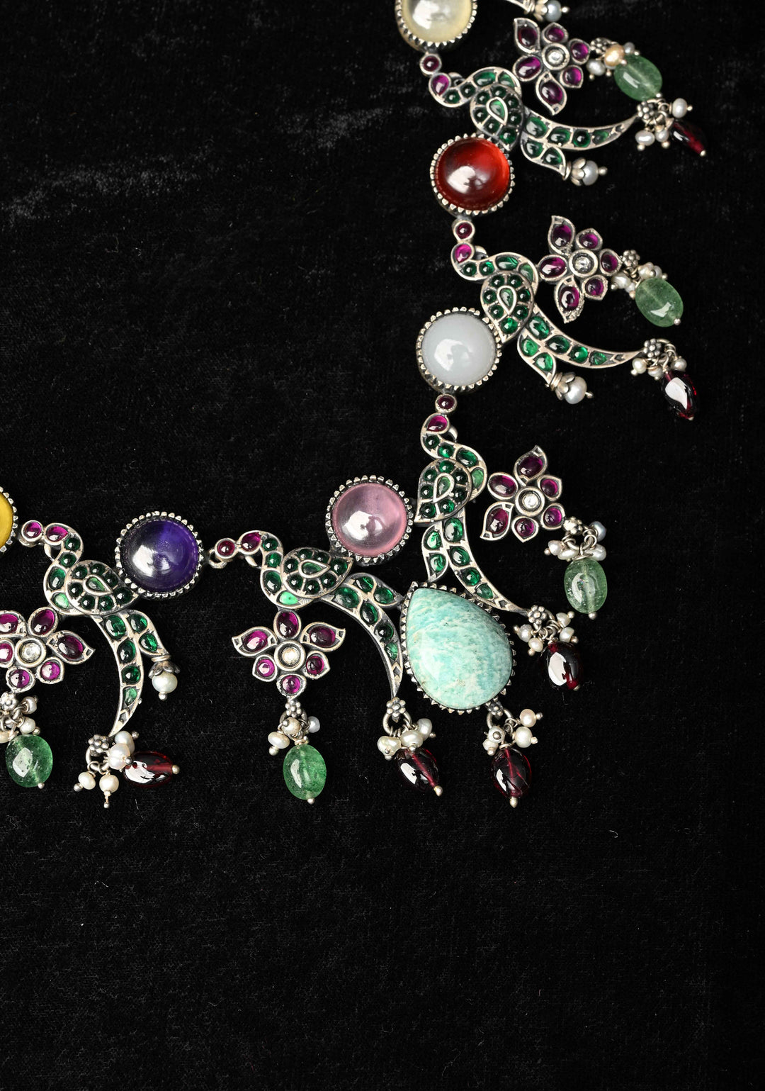 92.5 Pure Silver, Oxidized Silver Finish  Multi-Gemstone Peacock Design Necklace