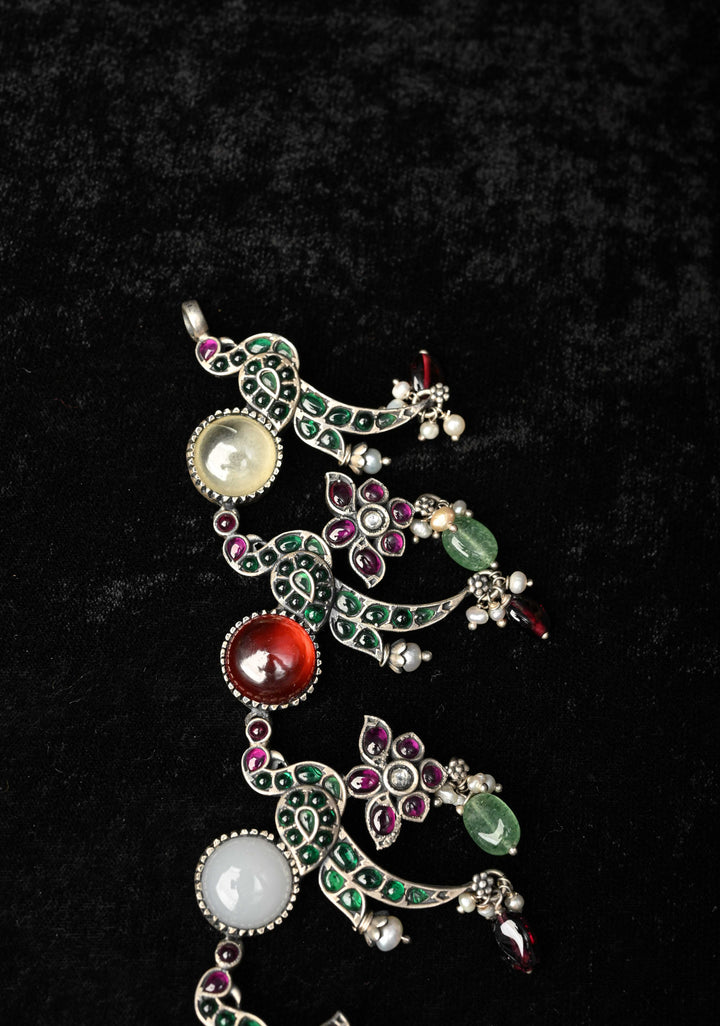 92.5 Pure Silver, Oxidized Silver Finish  Multi-Gemstone Peacock Design Necklace