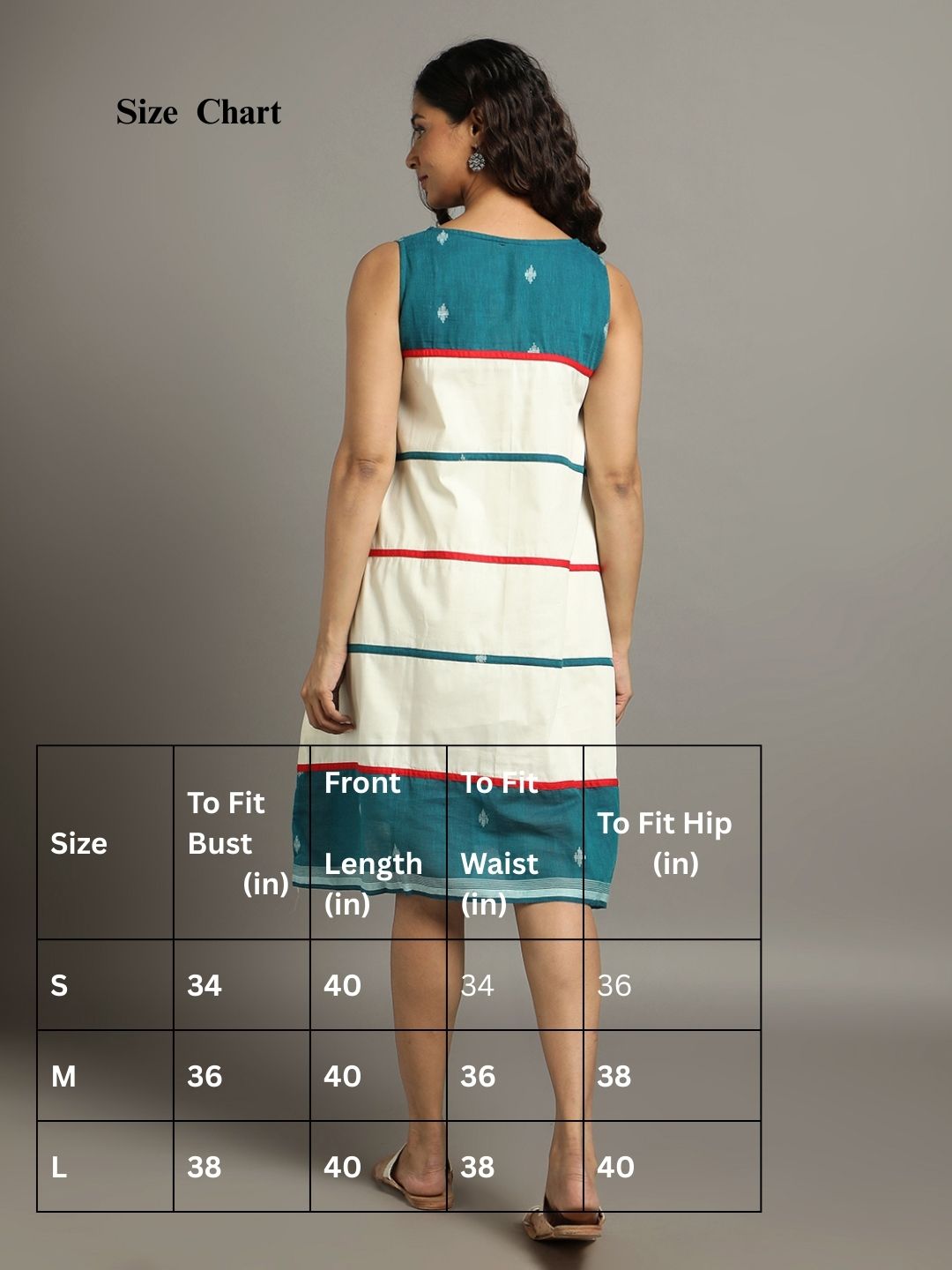 Cream Teal Green Cotton Handloom Striped dress | SHOBITAM