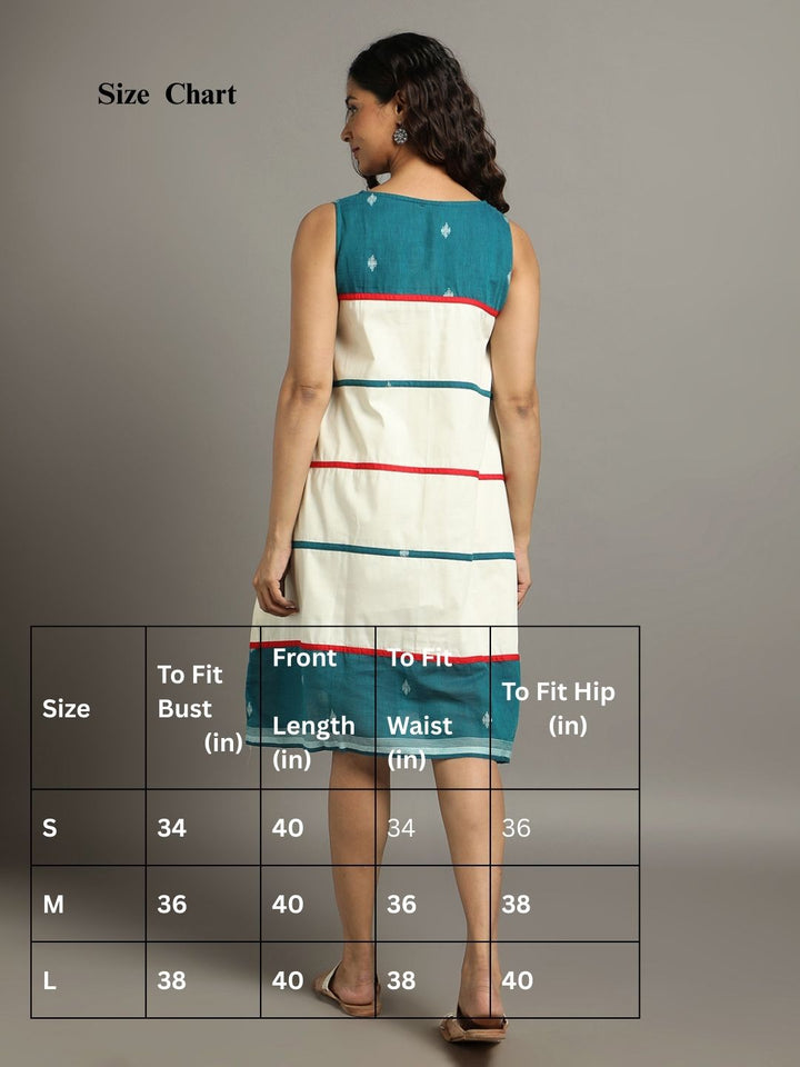 Cream Teal Green Cotton Handloom Striped dress | SHOBITAM