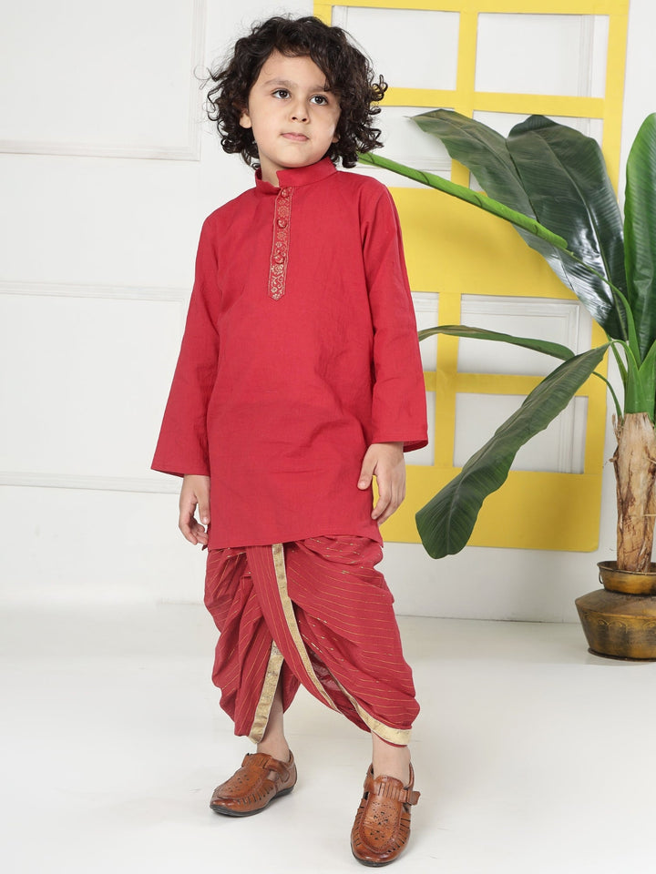 Red Minimal Zari Embroidery Cotton Kurta Dhoti set | SHOBITAM