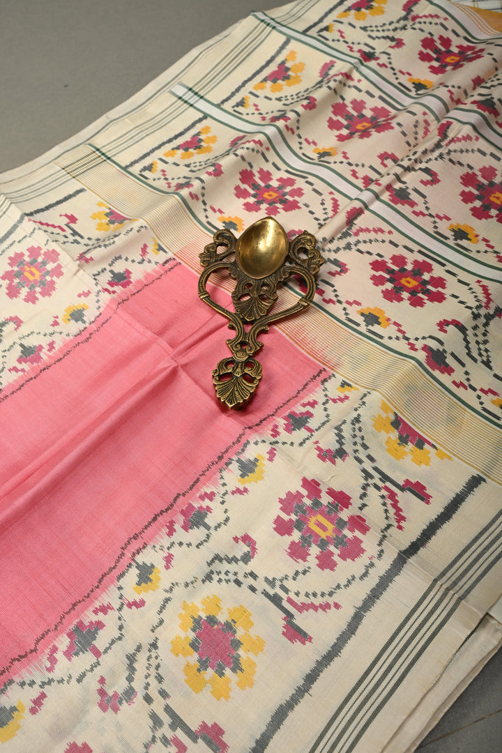 Peach Authentic Patan Patola Single Ikkat Pure Silk Saree with Floral Design on Contrast Off White Minimal Zari Border Pallu | SILK MARK CERTIFIED | SHOBITAM