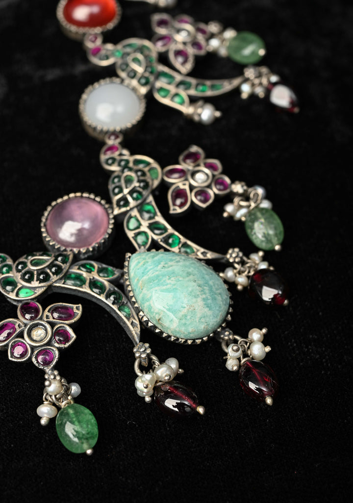 92.5 Pure Silver, Oxidized Silver Finish  Multi-Gemstone Peacock Design Necklace