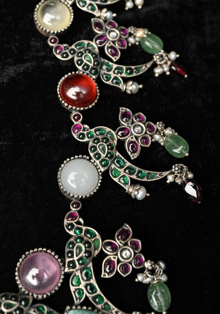 92.5 Pure Silver, Oxidized Silver Finish  Multi-Gemstone Peacock Design Necklace