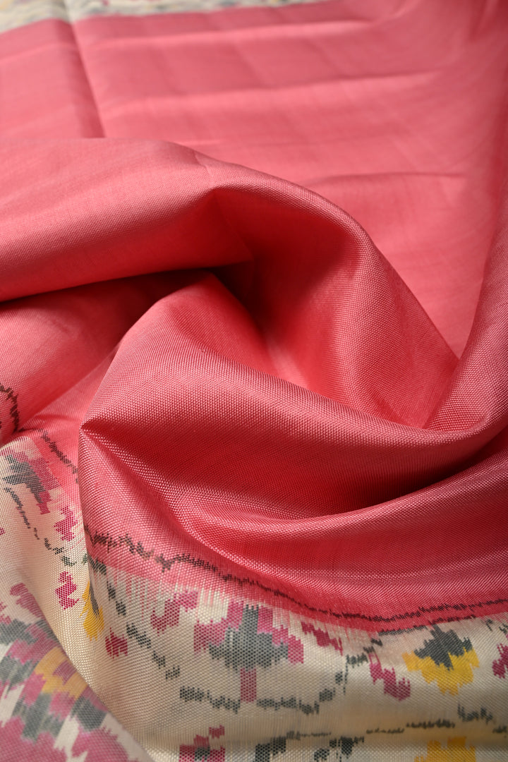 Peach Authentic Patan Patola Single Ikkat Pure Silk Saree with Floral Design on Contrast Off White Minimal Zari Border Pallu | SILK MARK CERTIFIED | SHOBITAM