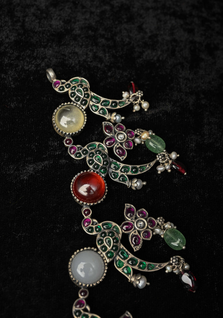 92.5 Pure Silver, Oxidized Silver Finish  Multi-Gemstone Peacock Design Necklace
