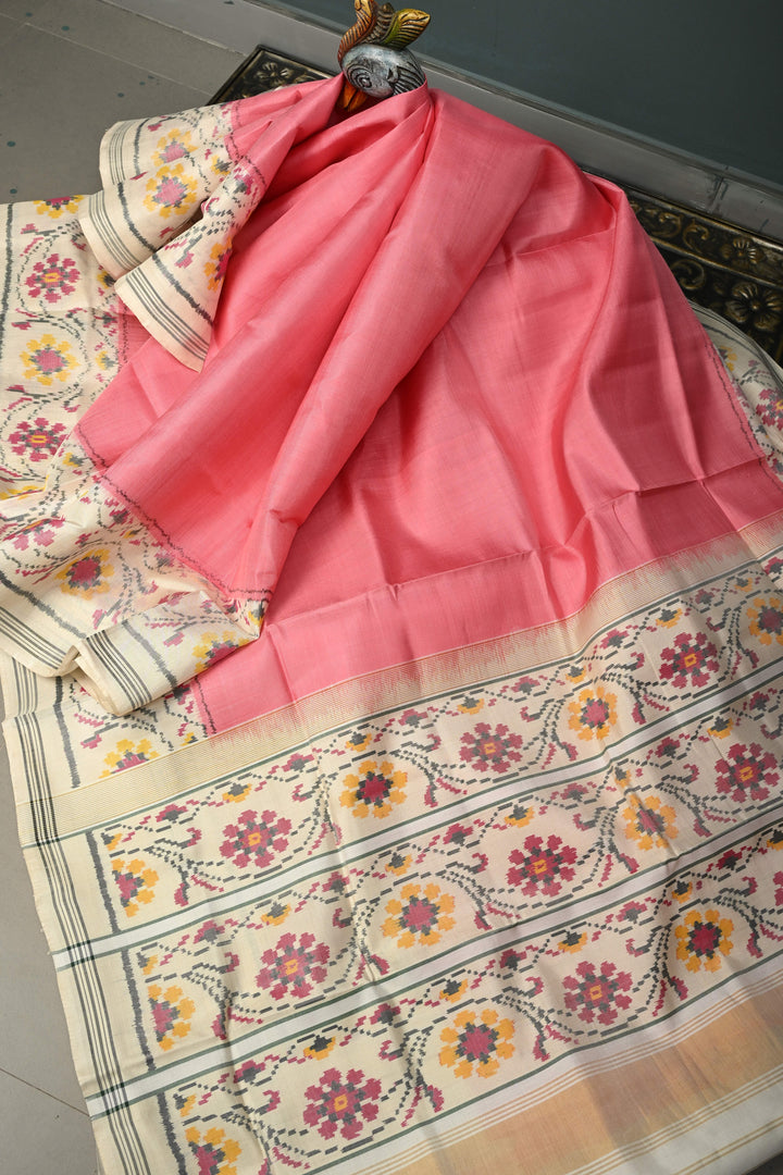 Peach Authentic Patan Patola Single Ikkat Pure Silk Saree with Floral Design on Contrast Off White Minimal Zari Border Pallu | SILK MARK CERTIFIED | SHOBITAM
