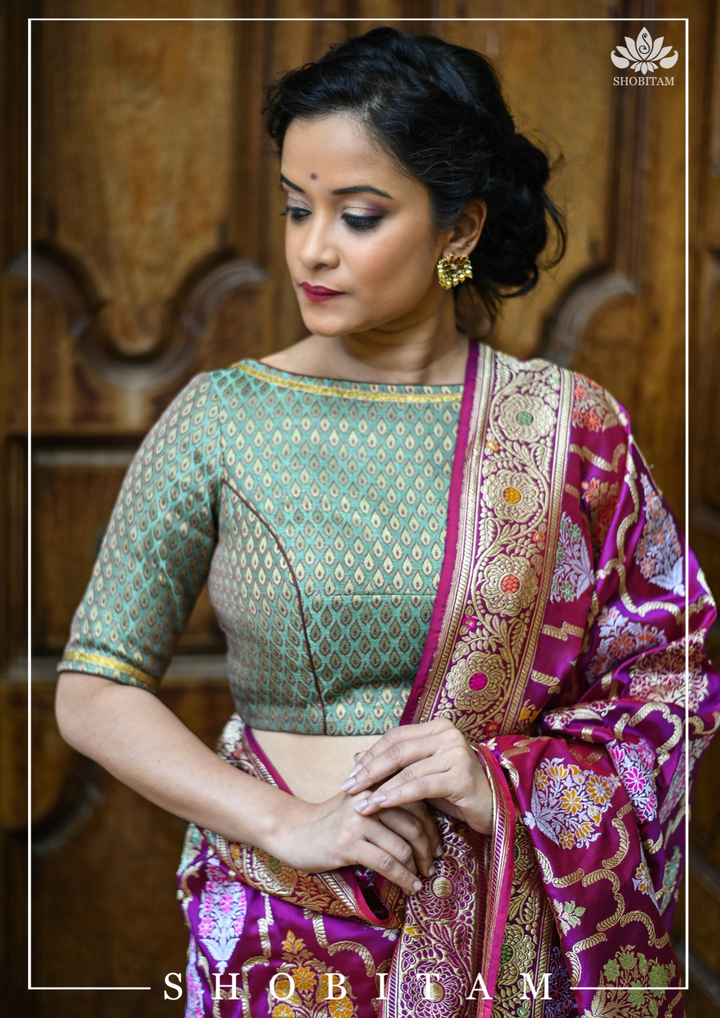 Teal Banarasi Meenakari Buti Brocade Blouse with tie back base