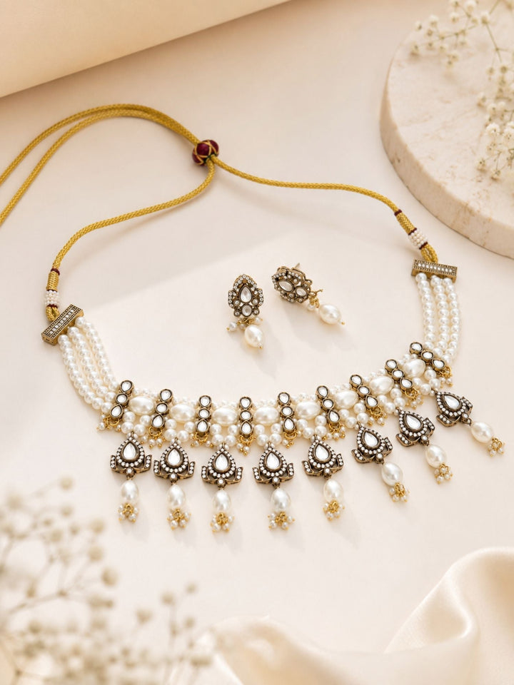 Pearl Kundan Choker Set in Antique Oxidised Gold – Bridal | SHOBITAM