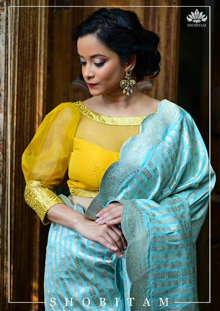 Mustard boat neck Blouse with Sheer Yoke and Puff Sleeves, Banarasi Brocade Detailing