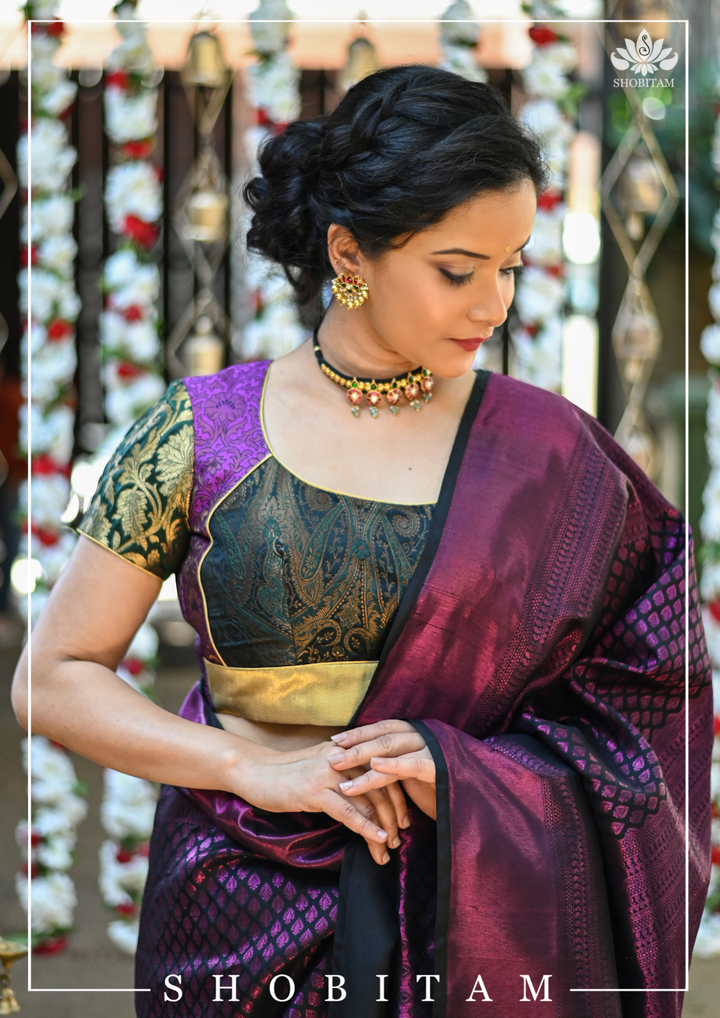 Purple and Black Banarasi Brocade Blouse with Tie back design | SHOBITAM